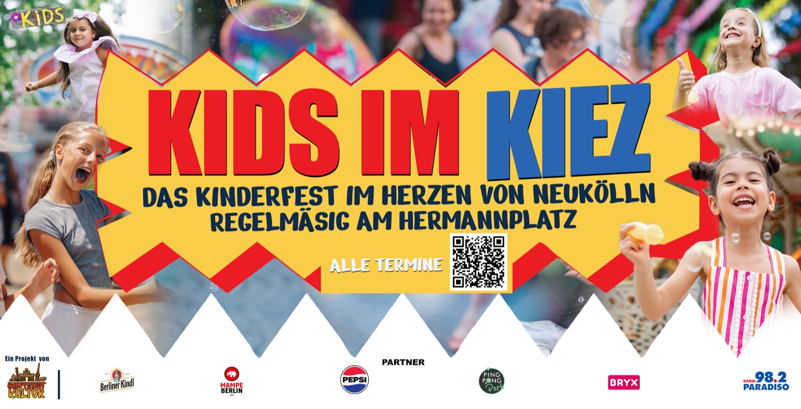 Bauzaunbanner für ein Kinderfest: kräftige Farben, große Headline, ruhige Partnerleiste.