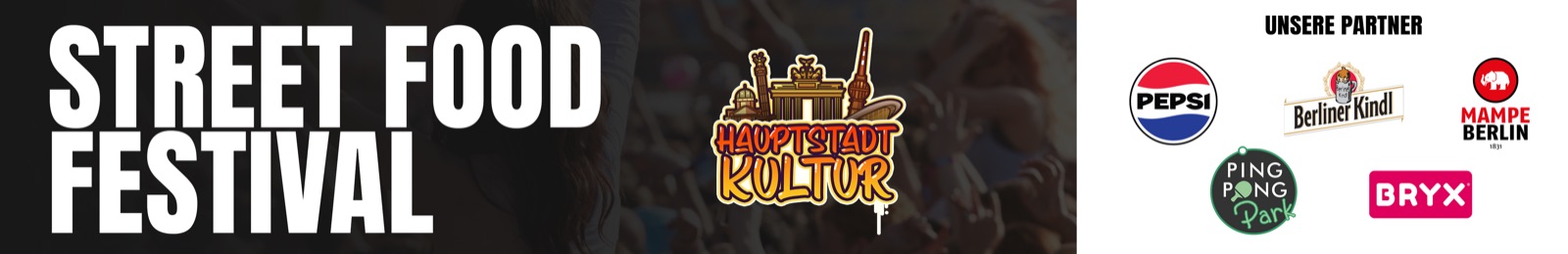 Eingangsbanner einer Street-Food-Reihe mit reduziertem Schriftzug und Partnerleiste.