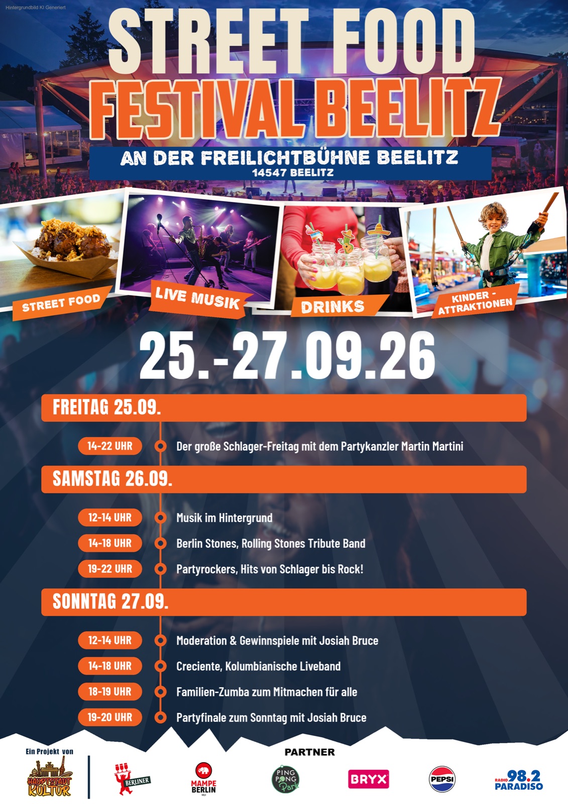 Flyer mit Bildcollage im Kopf und tabellarischem Programm darunter.