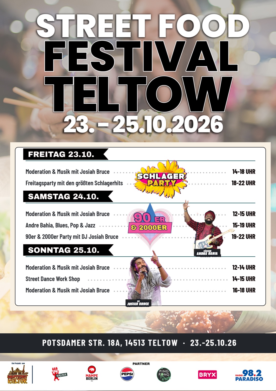 Flyer mit Tagesprogramm, Adresse und Partnerleiste im festen Raster.