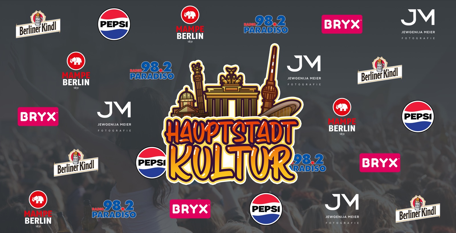 Pressewand einer Eventreihe: wiederkehrendes Raster aus Veranstaltungslogo und Partnerlogos.