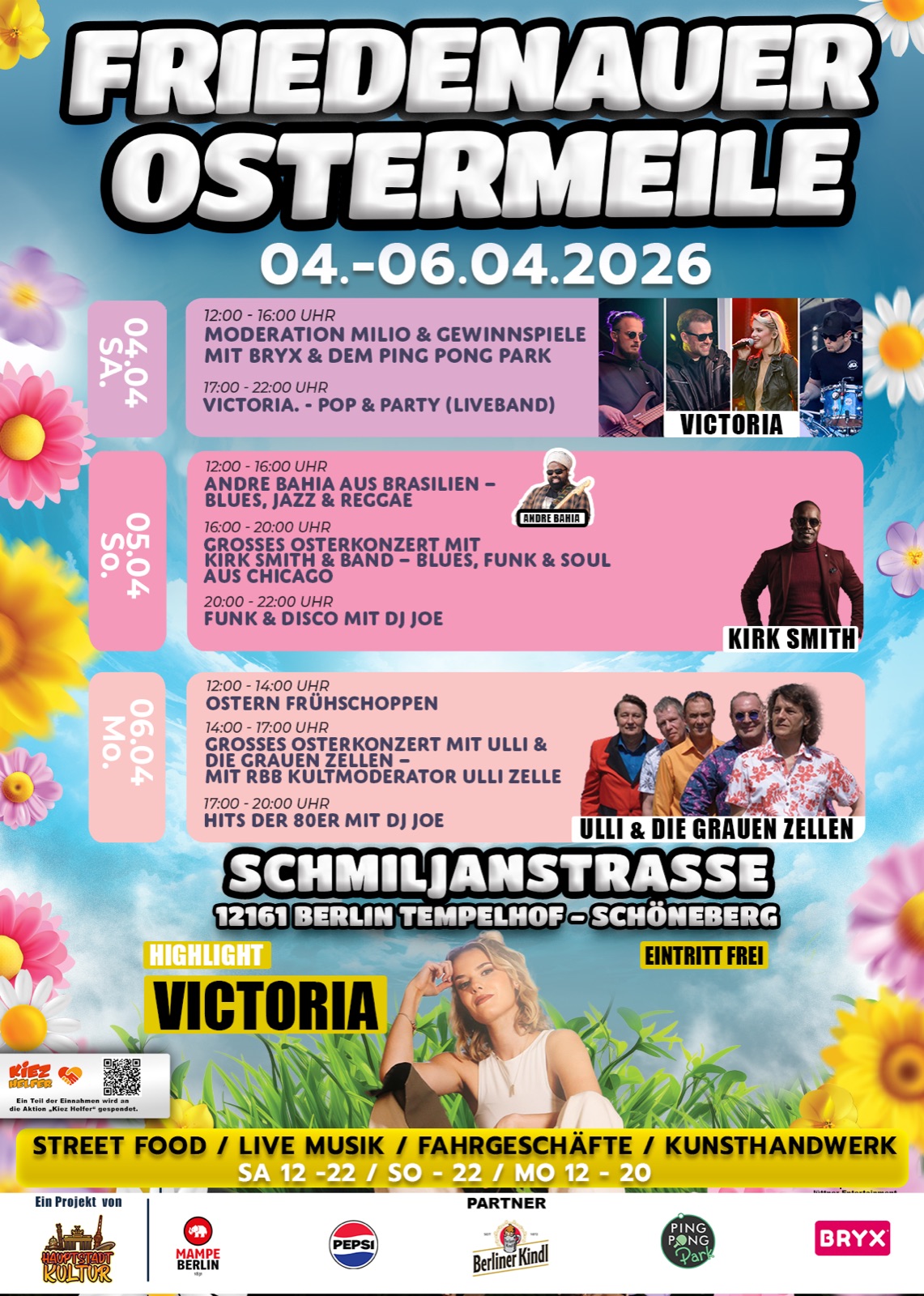 Programmplakat mit Künstlerporträts und farbigen Zeitblöcken.